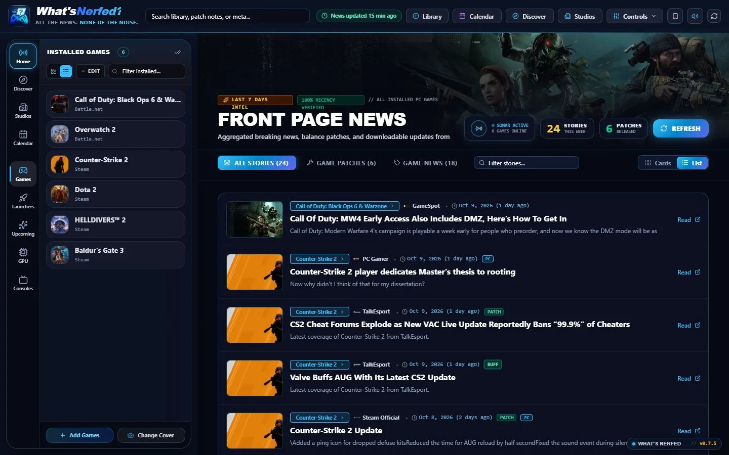 What's Nerfed? Front Page News feed showing merged stories from Steam, Eurogamer and more